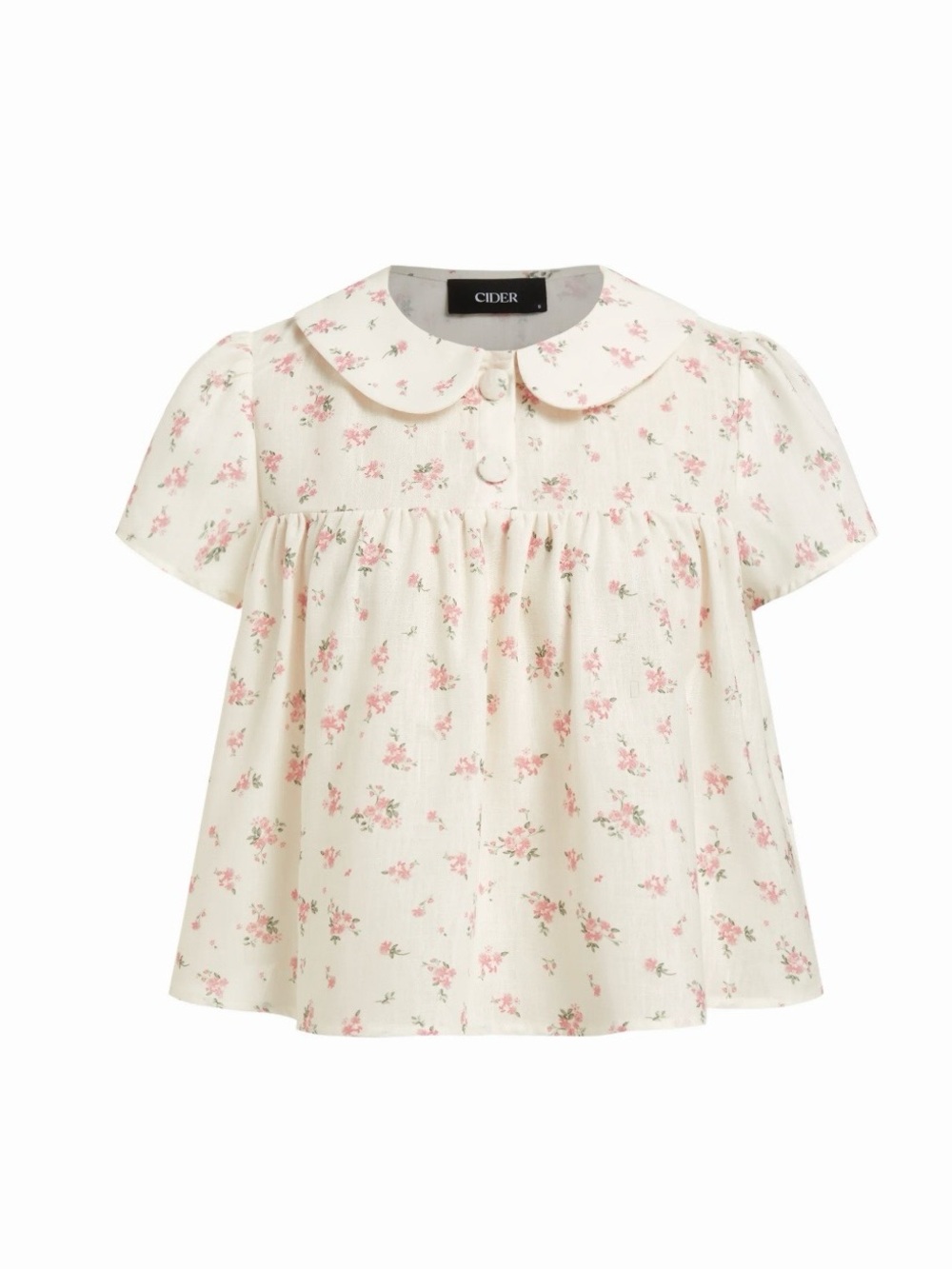 Cider Cream Blouse with Pink Floral Print and Rounded Collar